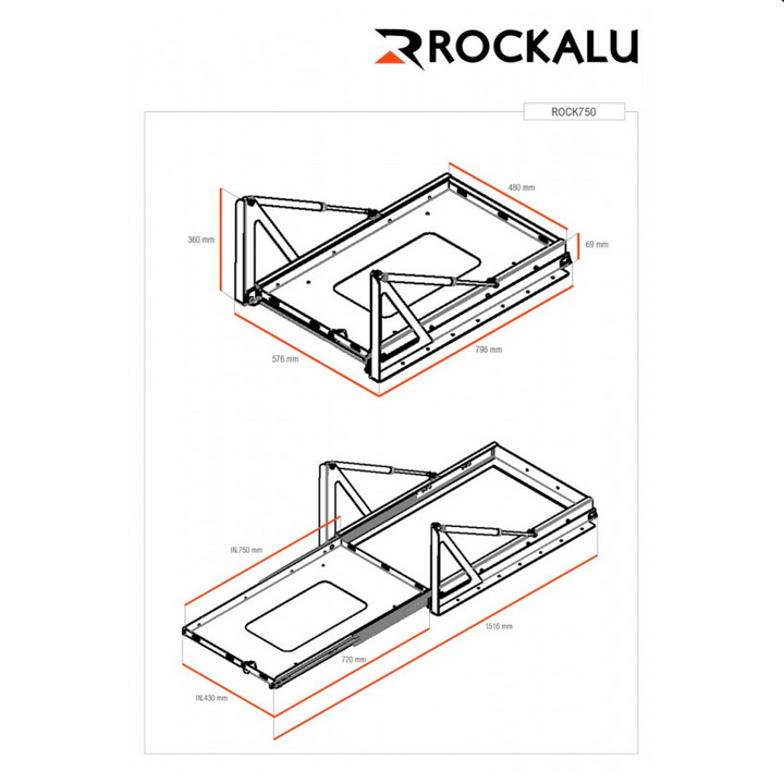 Glissière Basculante ROCKALU avec verrins pour Réfrigérateur jusqu'à 50L env.